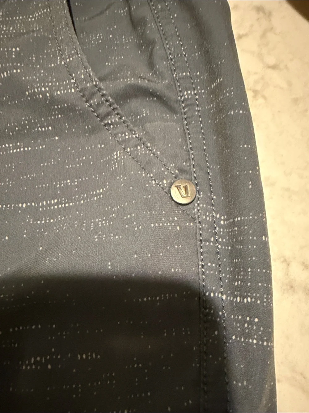Vuori Men's Kore Shorts in Microdot Slate Blue with Black Waistband